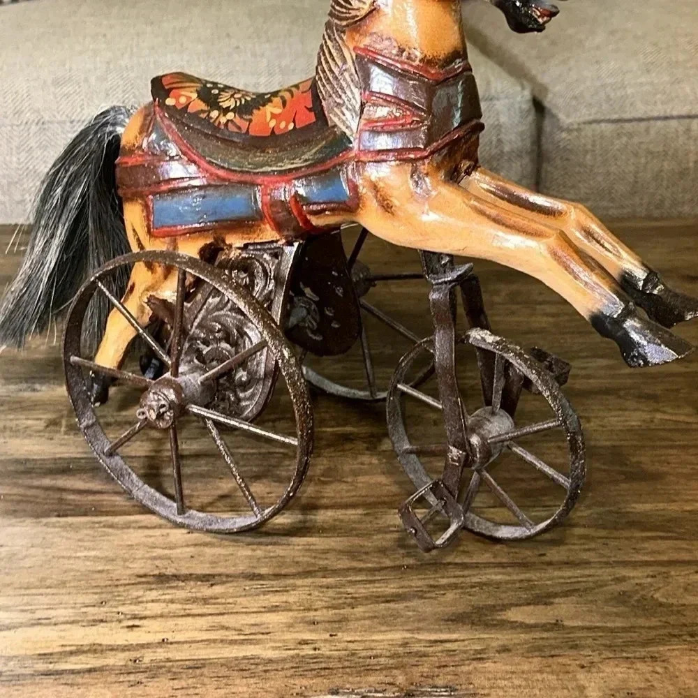 Antique/Vintage Wooden Horse Tricycle Decorative Accent Beautiful Iron Wheels - Picture 5 of 17